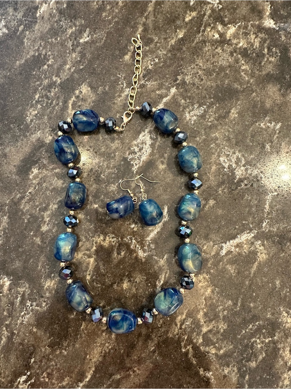 Deep Blue Glass Bead Necklace and Drop Earrings Set